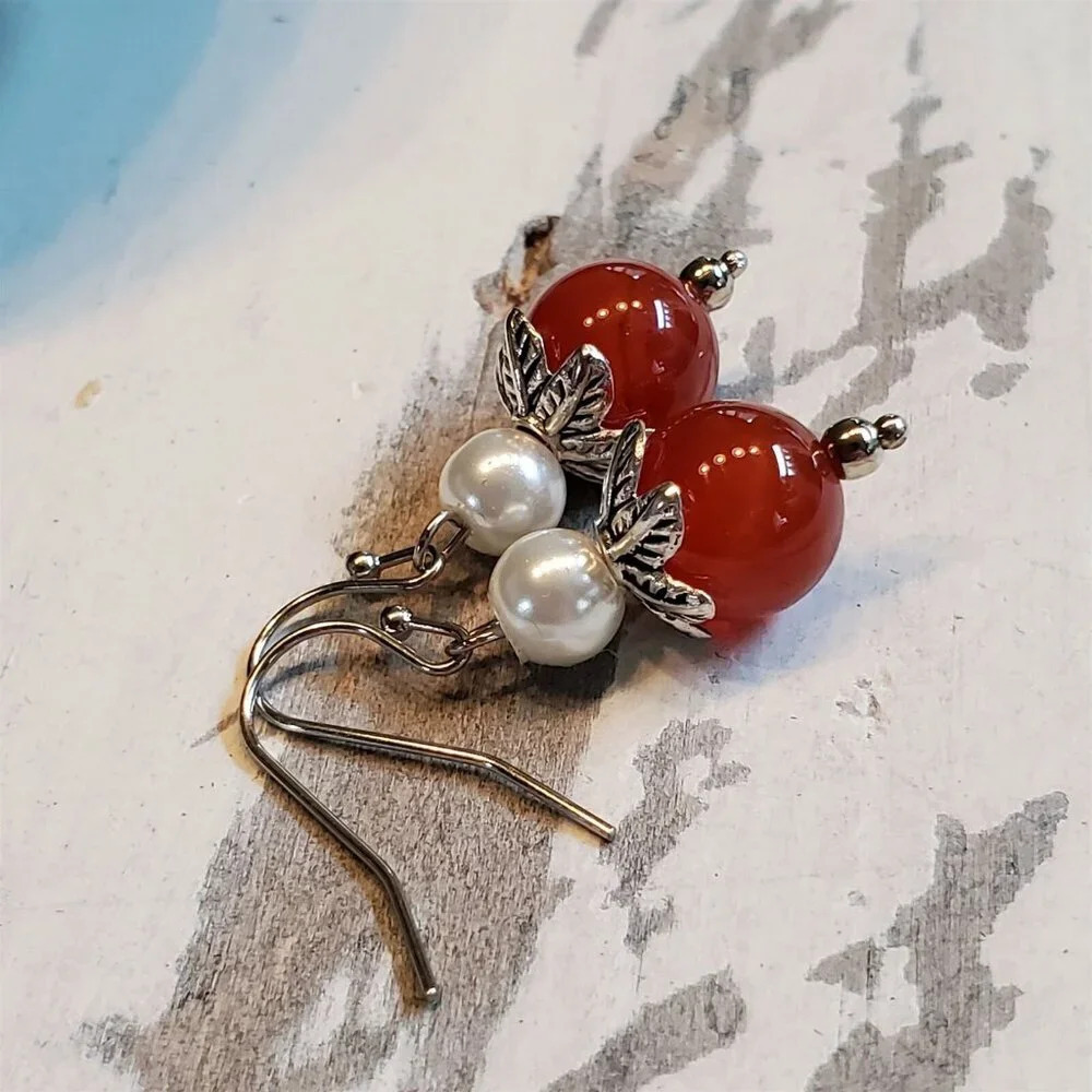 Handcrafted Red Carnelian Gemstone White Faux Pearl Silver Dangle Earrings